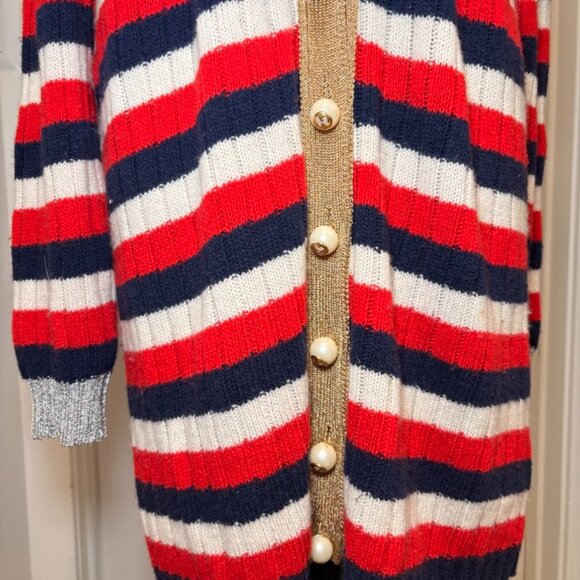 GUCCI Pearl Button, Red/White/Navy Cashmere Wool Cardigan - Picture 3 of 7